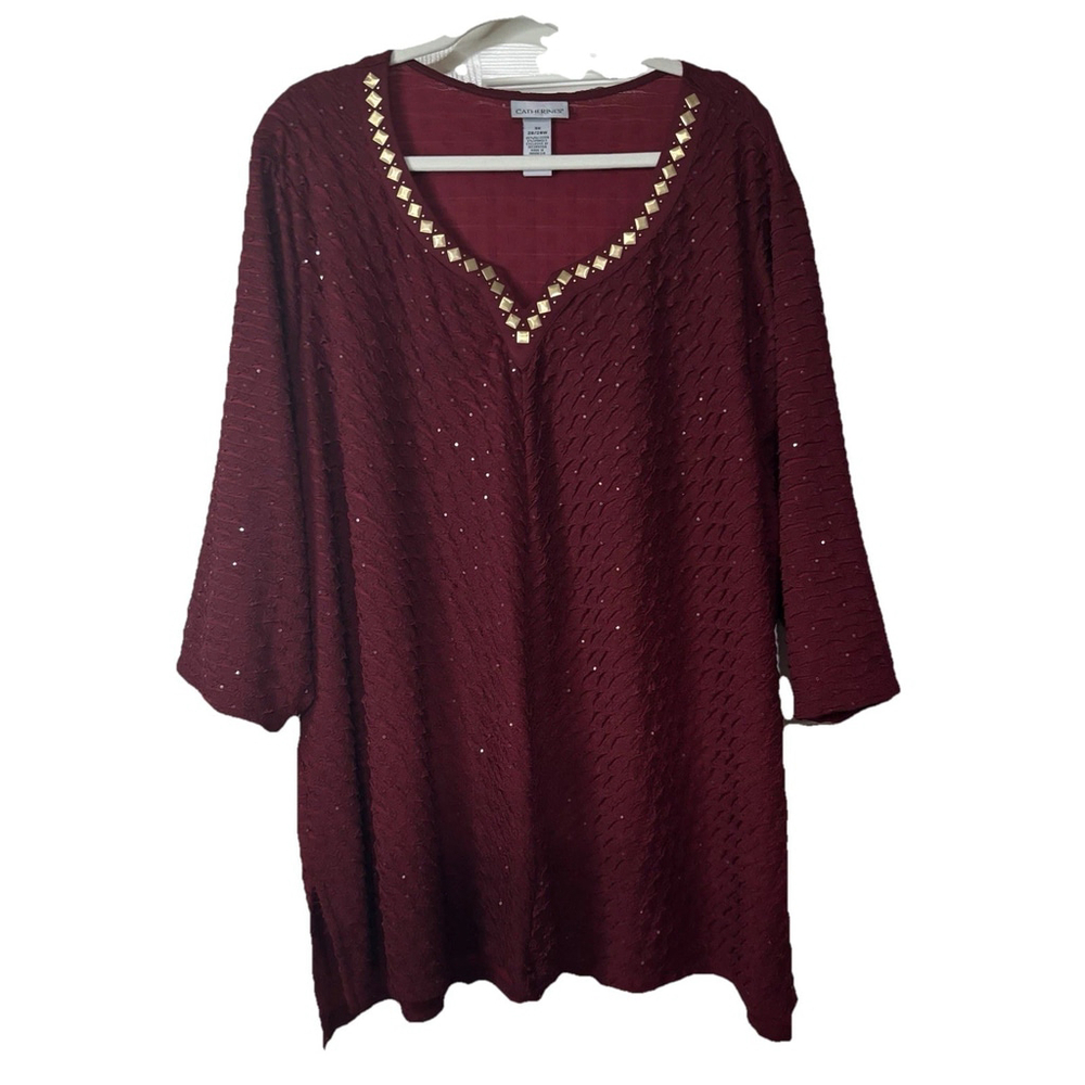 Catherines 3X Classy Wine Colored Flared Out Stretchy Top Sparkly Sequins